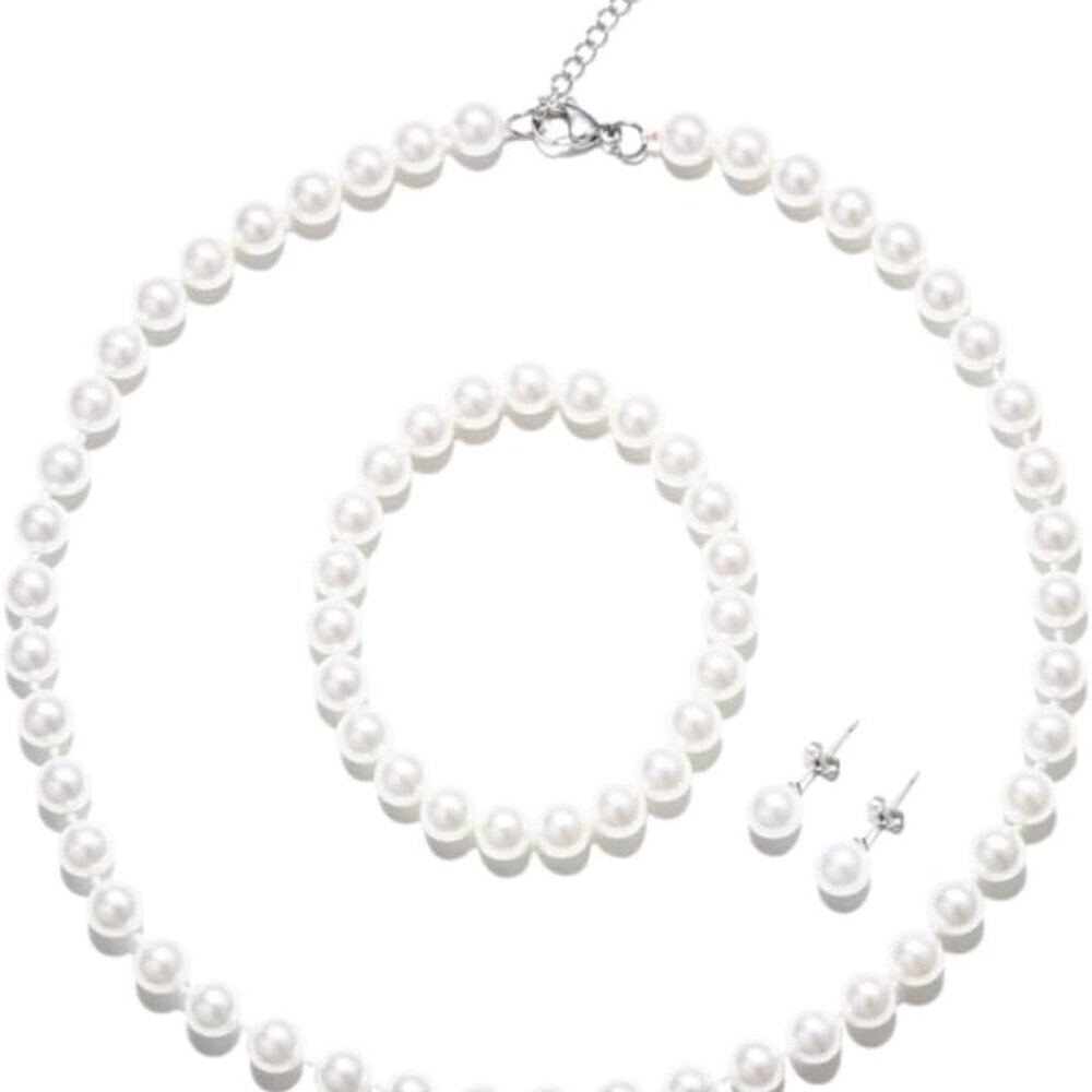 White Faux Pearls Jewelry Set Necklace Earrings Bracelet Women Girls 8mm